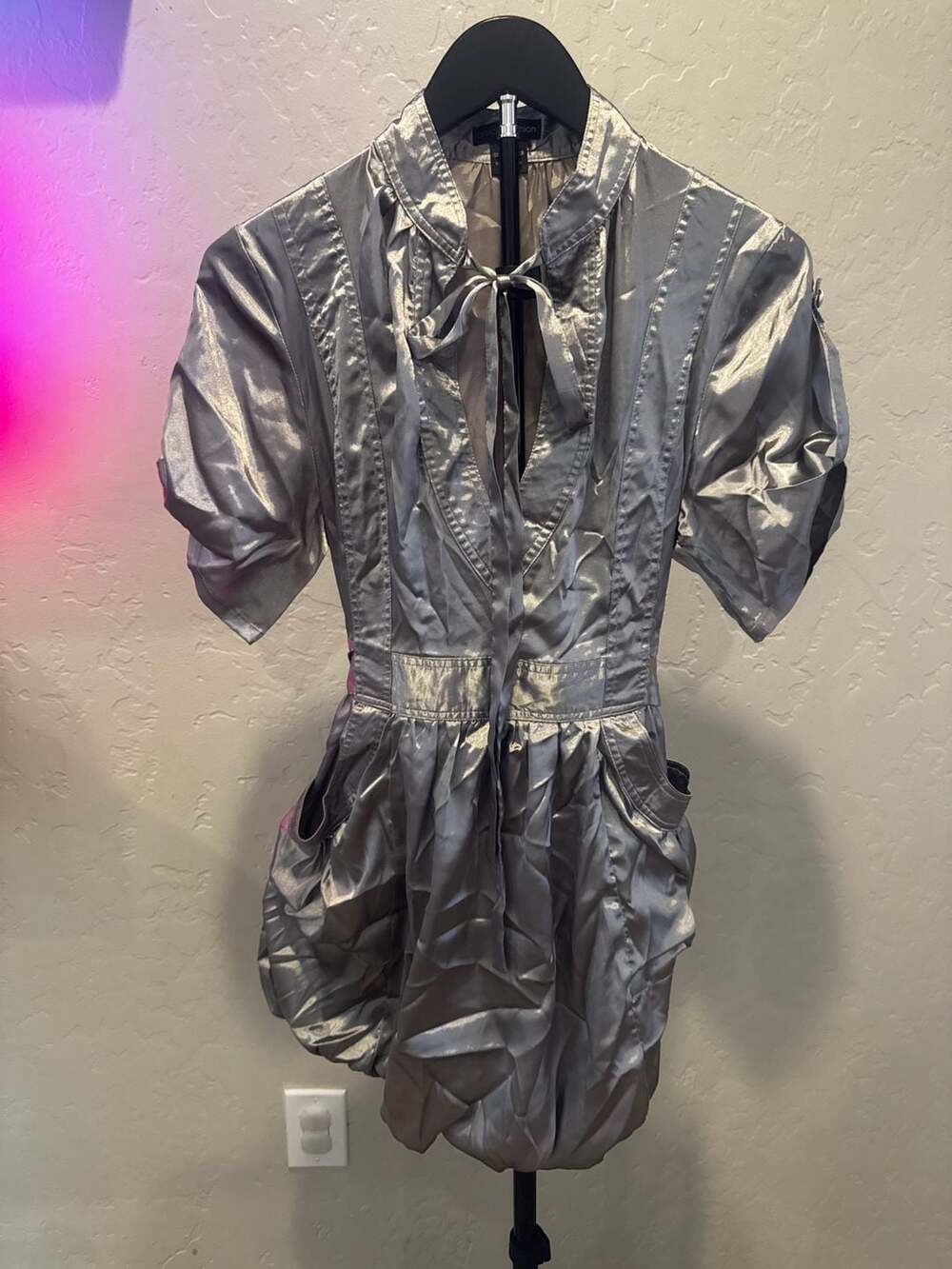 Y2K Gracia Fashion Silver Metallic Short Sleeve Mini Dress Size M